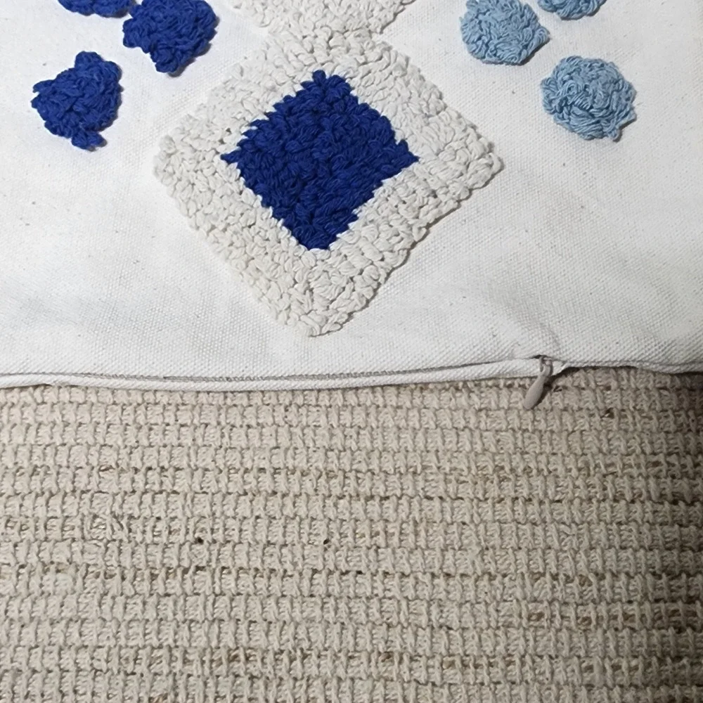 Tufted Boho Decorative‎ Pillow Cover Case Zipper Blue Ivory Canvas 17x17